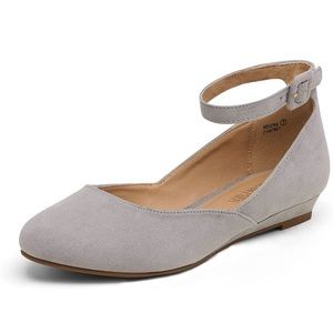 Gray Suede Low Wedge Ankle Strap Flats Shoes